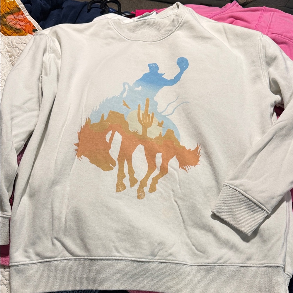 White Crewneck Sweater with Western Print